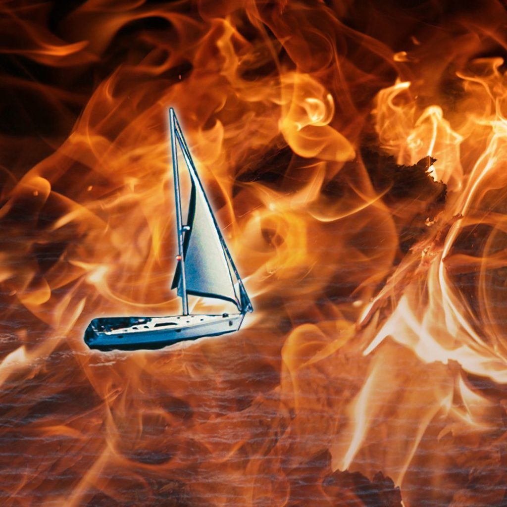 Stylized image of a silver sailboat sailing through a sea of flames
